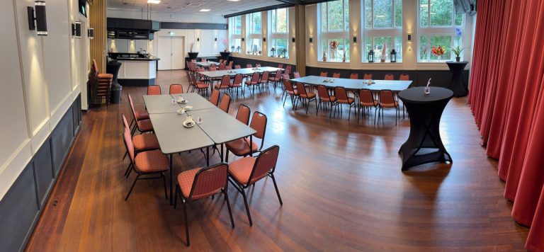Overzicht van de vier groepsblokken in de zaal vanuit een andere hoek